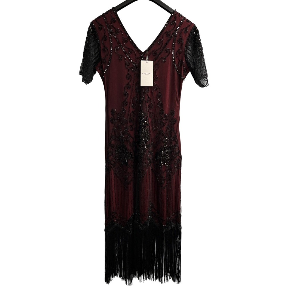 Babeyond Dress Womens L Red Sheer Black Mesh Beaded Fringe Midi‎ Gatsby Flapper